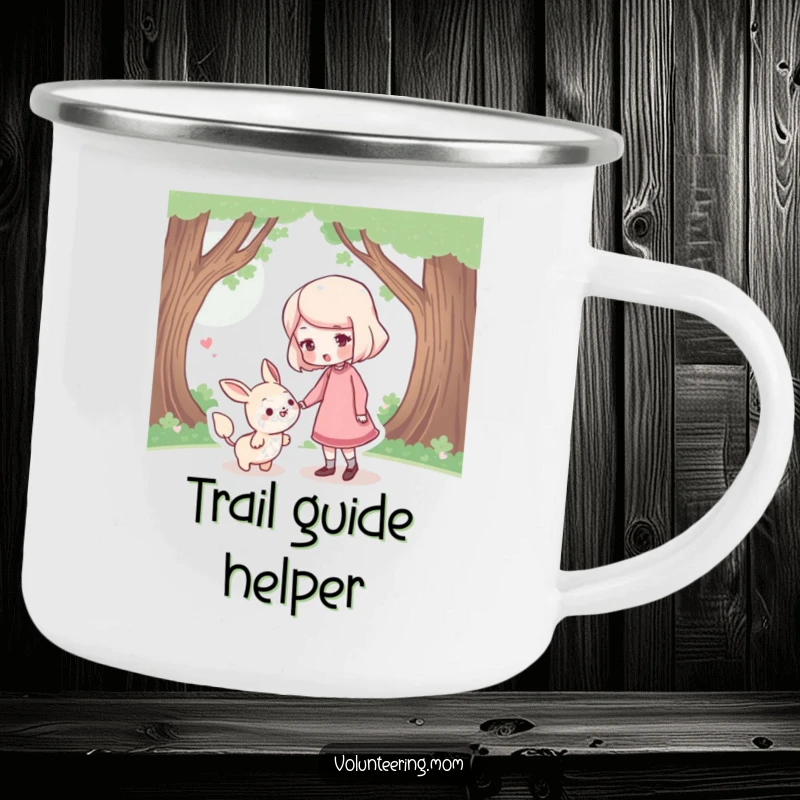 Funny Camping Mug: A sturdy enamel mug showcasing a mom character gently nudging a lost creature, symbolizing care.