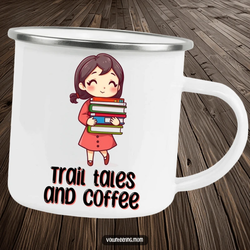 Funny Busy Mom Camping Mug with a woman carrying a stack of colorful books, ideal for outdoor reading.