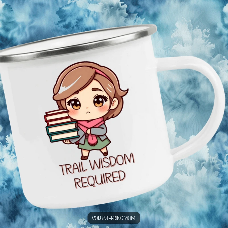 Funny mom camping mug with a determined character carrying a stack of books, perfect for outdoor reading.