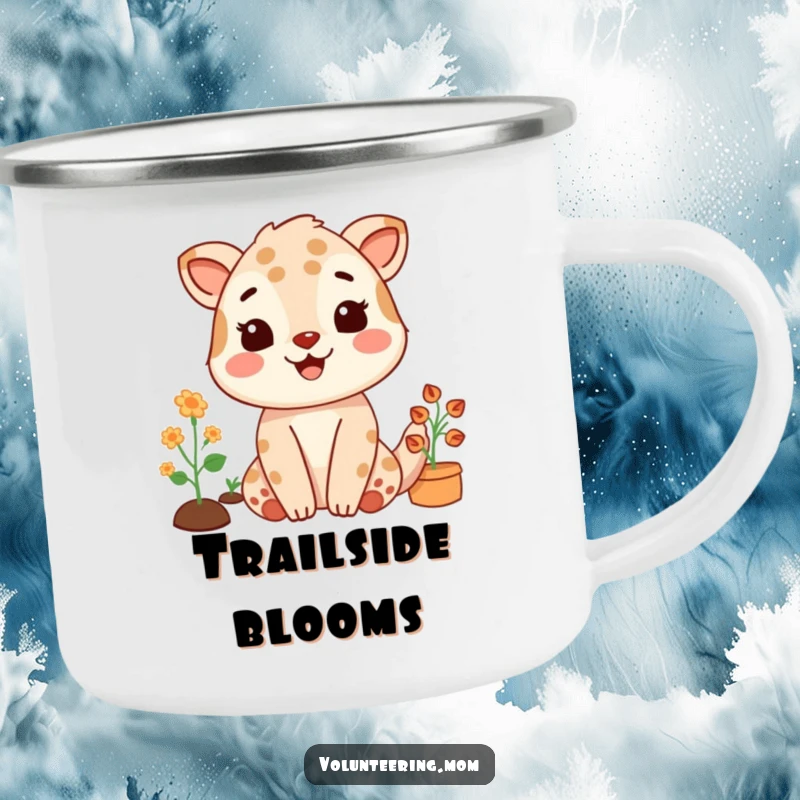 Funny camping mug with a mom animal character gardening with a satisfied smile, perfect for garden-loving adventurers.