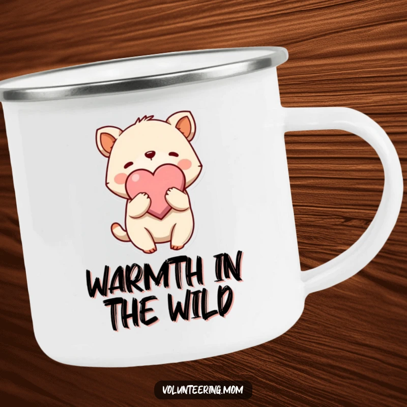 Funny Hug Camping Mug showing a cute animal character embracing a large heart symbol, ideal for outdoor warmth and fun.