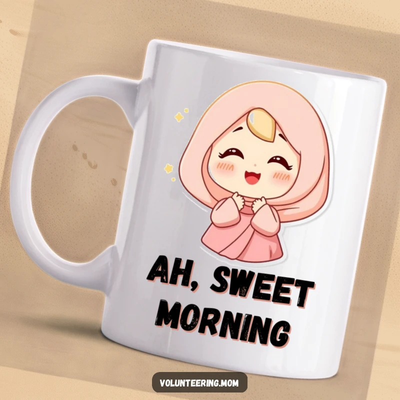 Funny Happy Mom Mug with a woman sighing contentedly, surrounded by a soft, glowing light.