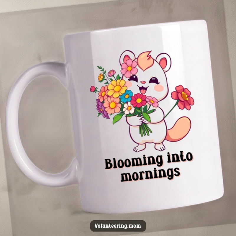 Funny Floral Gift Mug showing a whimsical creature with a happy smile offering a vibrant bouquet of flowers, spreading cheer.