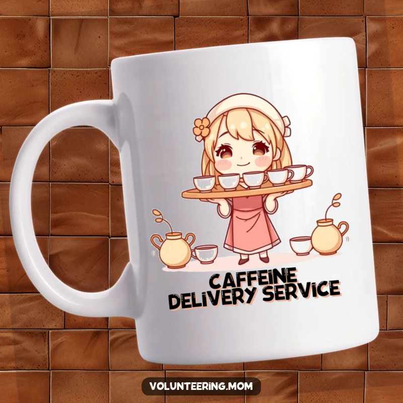 Funny mug featuring a mom character expertly balancing a tray of steaming coffee cups, celebrating her multitasking prowess.