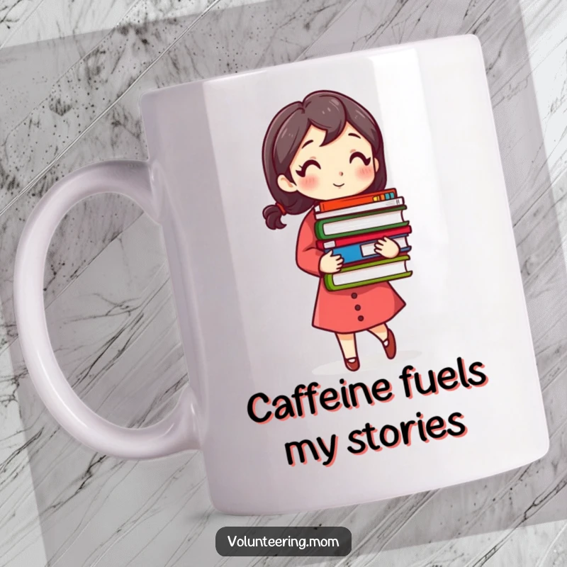 Funny Busy Mom Mug with a woman carrying a stack of colorful books, looking overwhelmed and dedicated.