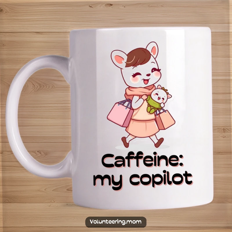 Funny busy mom animal character mug, expertly carrying a baby and shopping bag, representing tireless parenting.