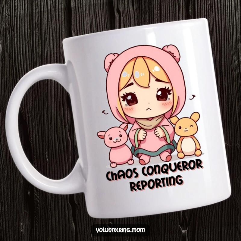 Funny mug with a determined mom character intensely organizing scattered toys, conveying focused mom power.
