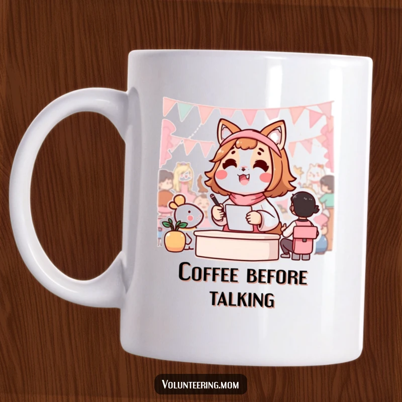 Funny mug showing a smiling Kawaii mom animal character happily coordinating a bustling community event with joyful energy.