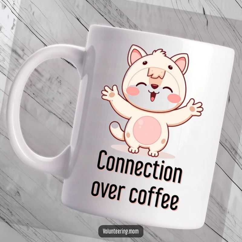 Funny Kawaii animal mom mug depicting a character with open arms, inviting connection and warmth.