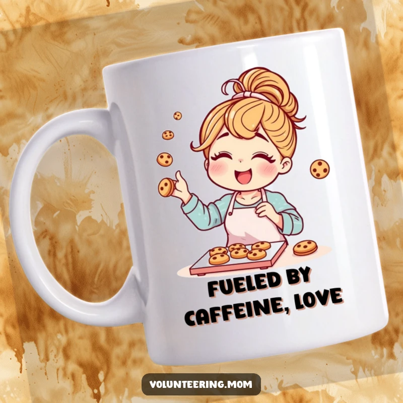 Funny mom character with a messy bun joyfully baking cookies, depicted on a coffee mug.
