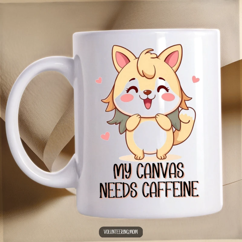 Funny artistic mom animal character mug, enthusiastically painting a vibrant picture, celebrating creativity.