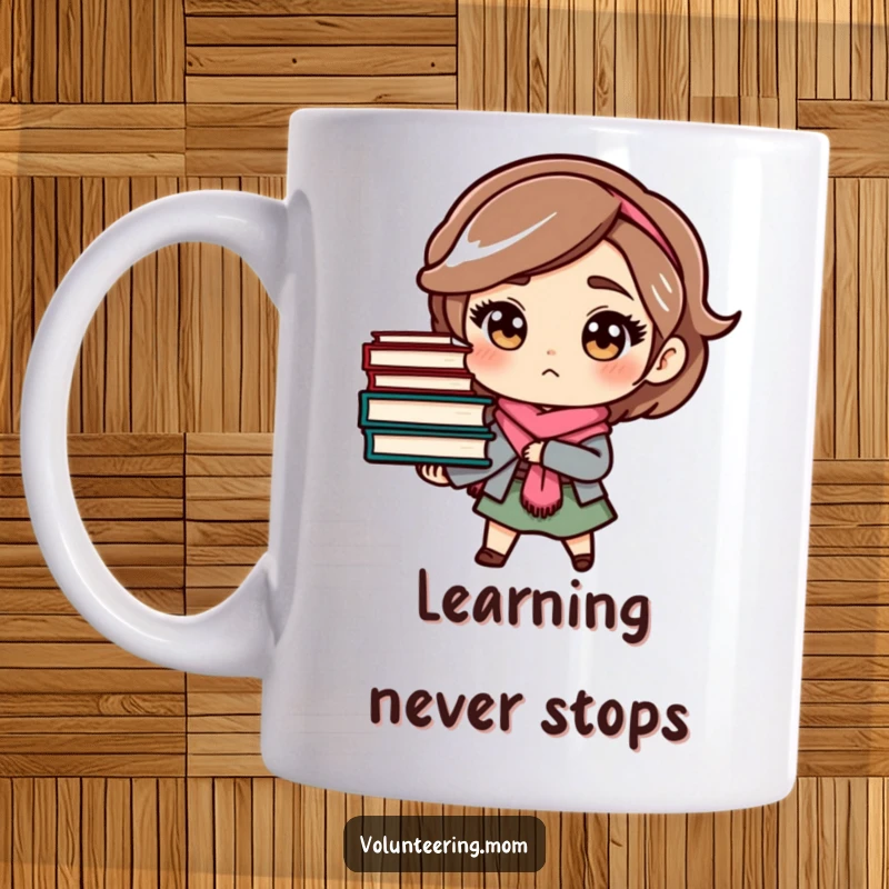 Funny mom mug with a determined character carrying a stack of books, symbolizing ambition and intellect.