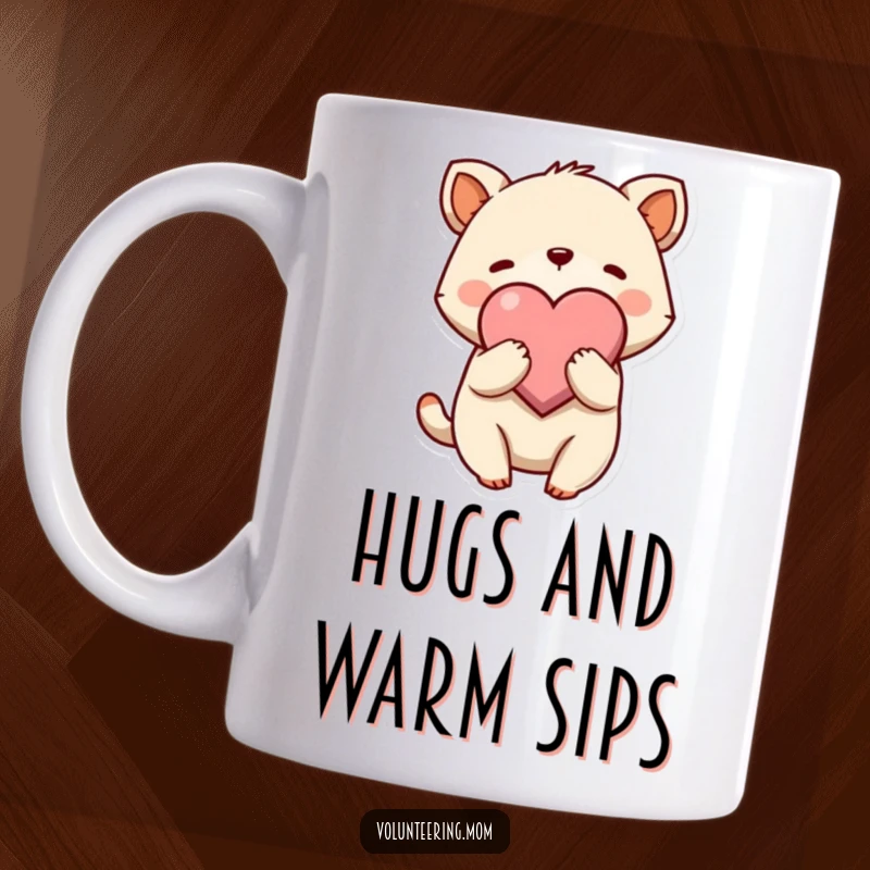 Funny Hug Mug featuring a cute animal character giving a large heart symbol a gentle embrace, radiating warmth and affection.