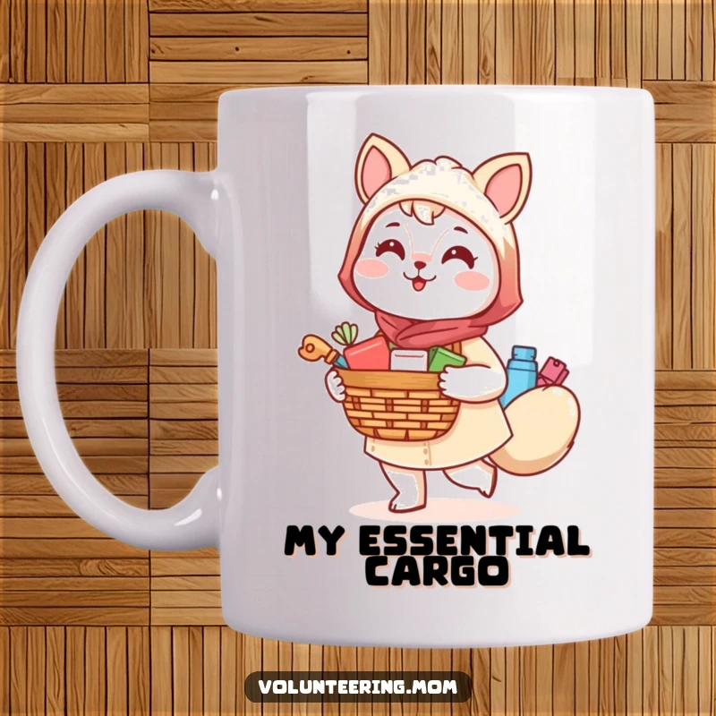 Funny Kawaii Mom Animal Mug, a cheerful character with a basket, ready to tackle the day with a smile.