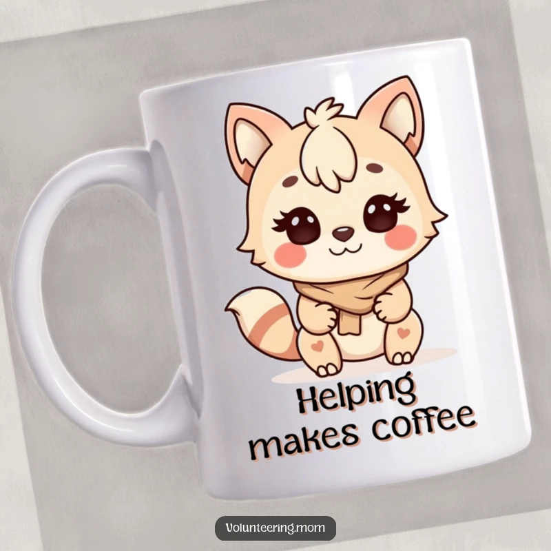 Funny Kawaii Mom Helping Animal Mug, a determined and happy character assisting someone with a big smile.