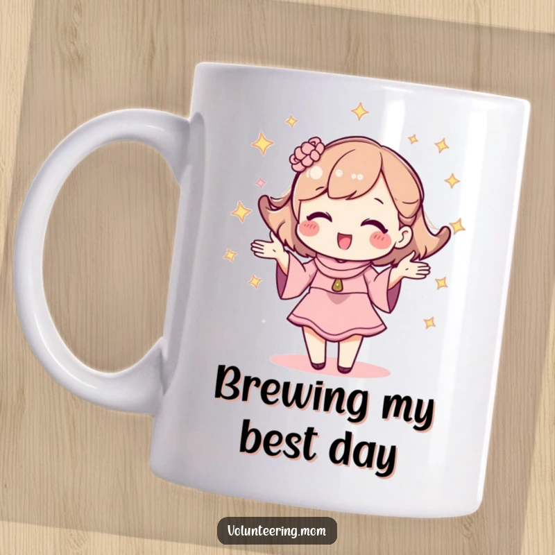 Funny kawaii mom character, surrounded by sparkles, humorously juggling multiple tasks.