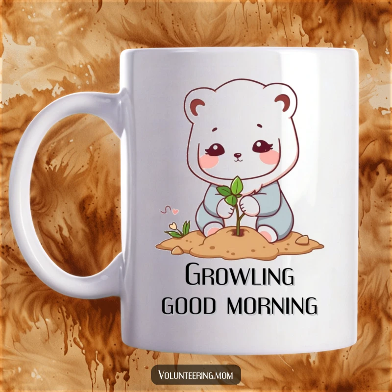 Funny Kawaii mom animal character gently planting a small tree sapling with care, symbolizing growth and nurturing nature.