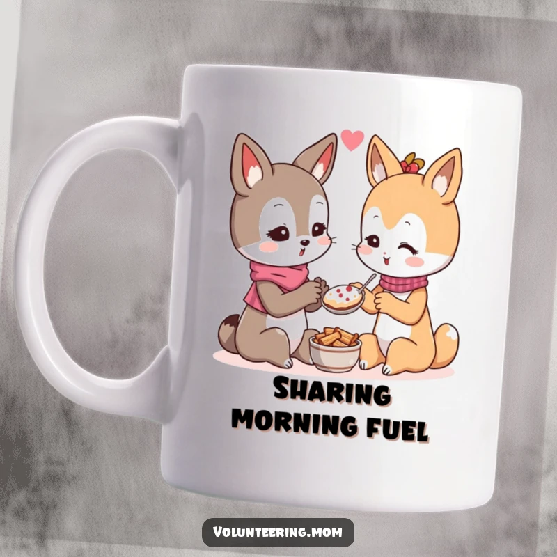 Funny Kawaii mom animal character generously sharing food with another character, symbolizing kindness and abundance.