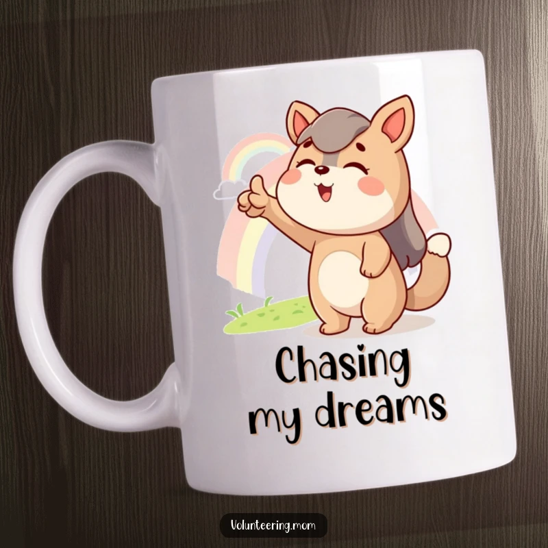 Funny mug showing an excited Mom animal character pointing towards a vibrant, distant rainbow, embodying hope and wonder.