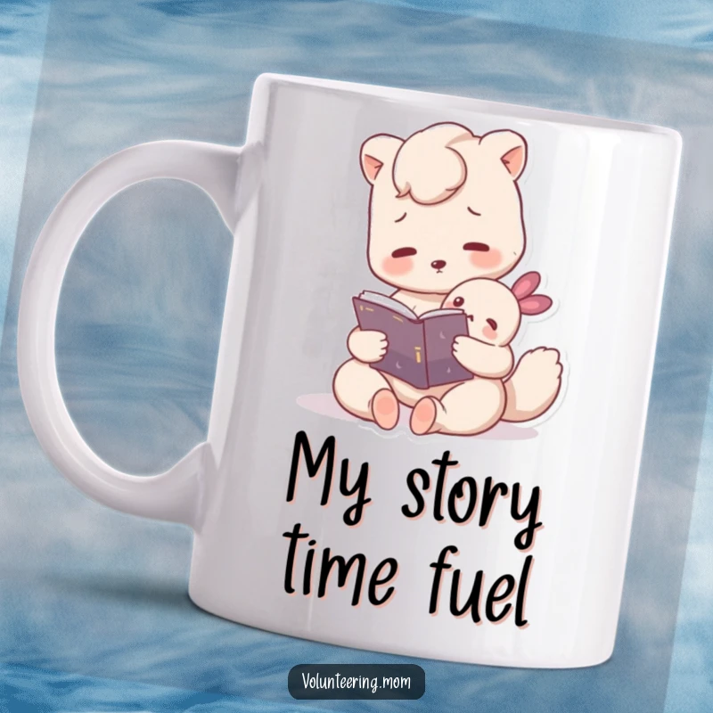 Funny mug showing a loving Mom animal character reading a book to an attentive small creature, capturing a tender story time moment.