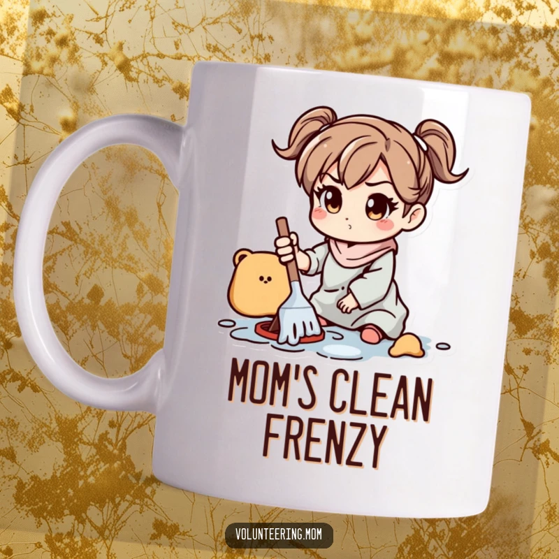 Funny Mom Mug: A strong mom character with a determined expression, actively cleaning up toys and spills with focus.