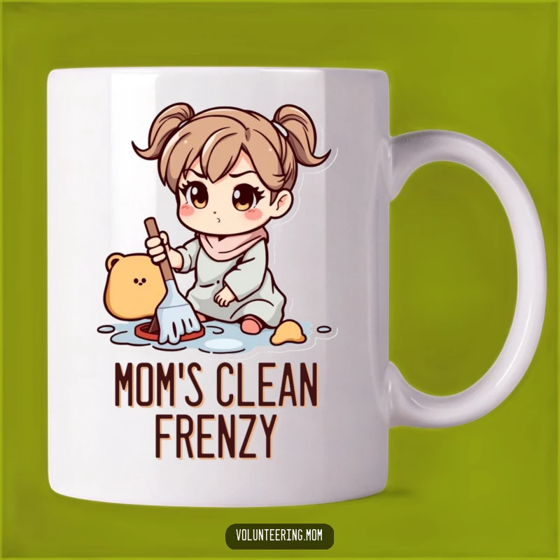 Funny Mom Cleaning Mug: Determined mom tackling mess, a perfect funny gift for busy parents.