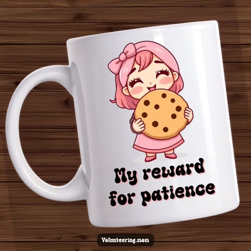 Cute mom character holding a giant cookie with a proud grin, embodying joy and sweet success.