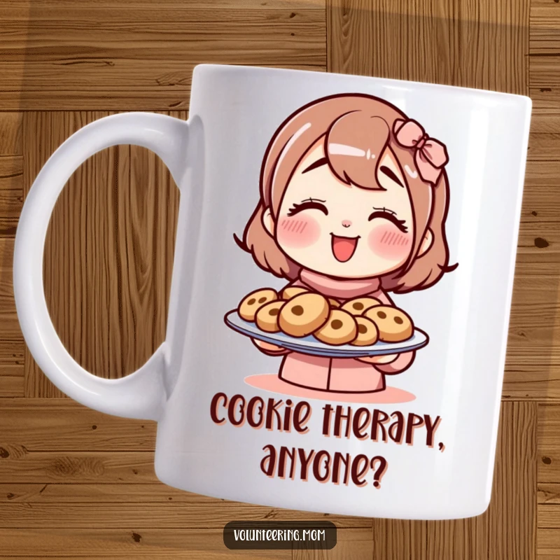 Funny mom mug with character offering a plate of freshly baked cookies with a big smile, perfect for gift-giving.