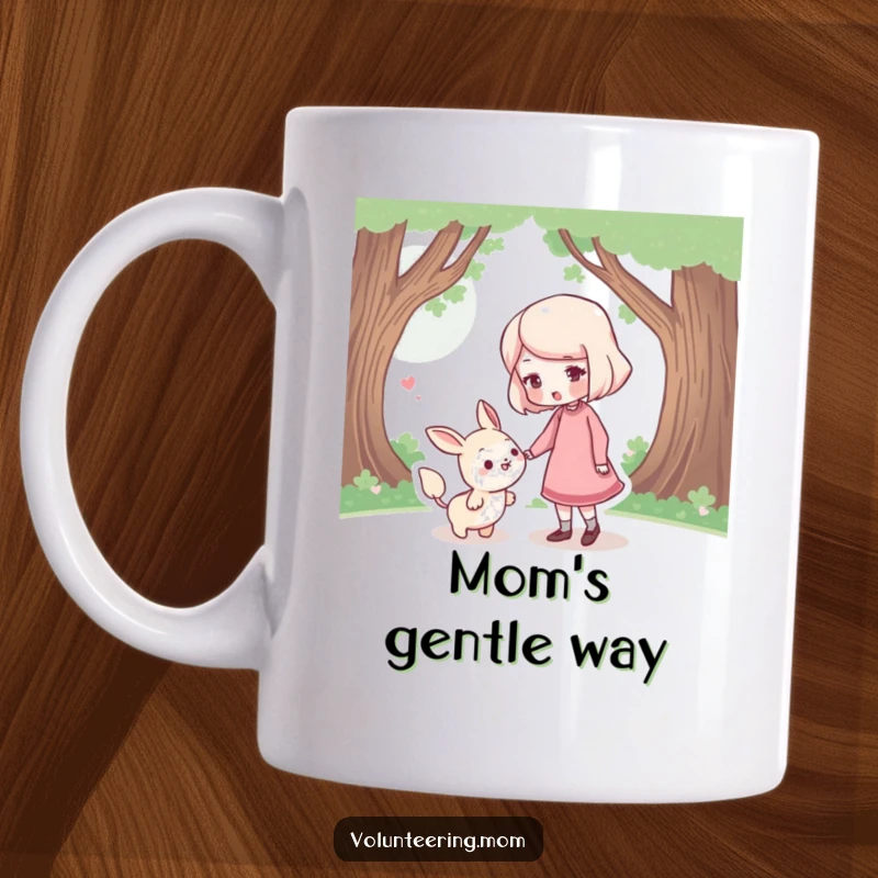 Funny Mom Mug: A kind mom character softly nudging a small, lost creature in the right direction.