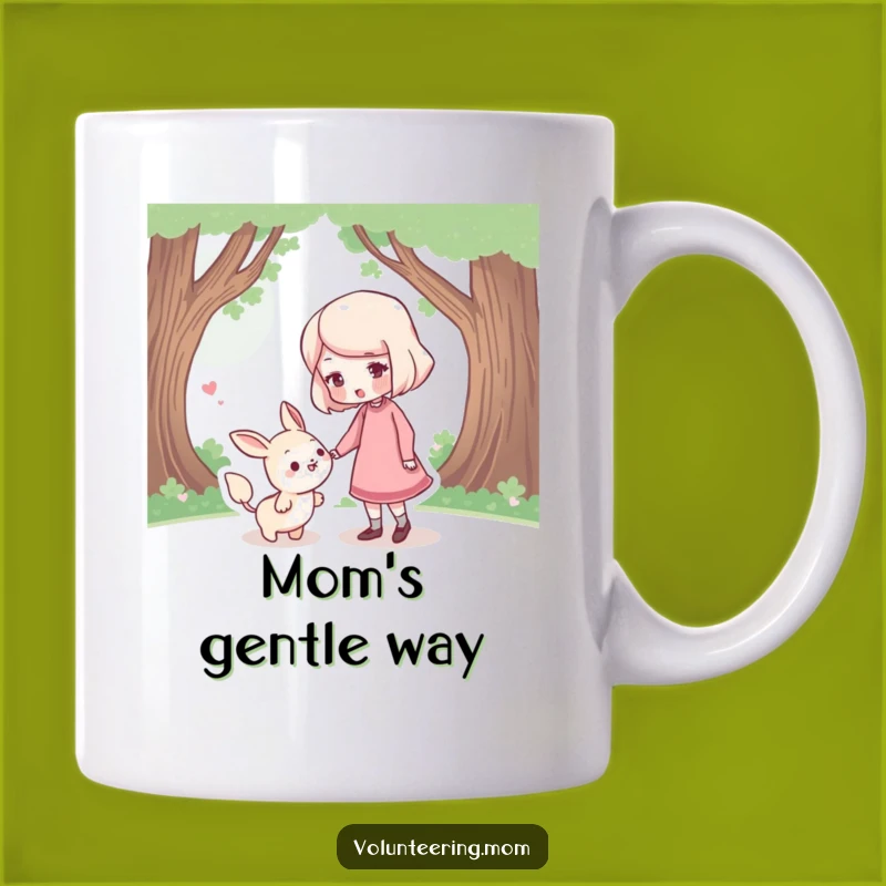 Funny Mom Guide Mug: Gentle mom guiding lost creature, a heartwarming funny gift for nurturers.