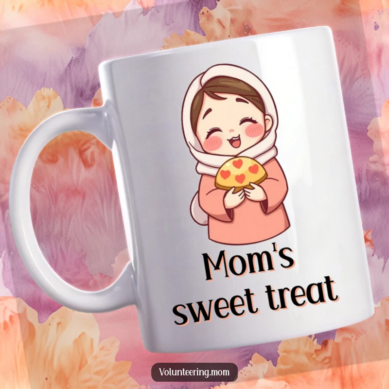 Funny Mom Mug: A smiling mom character in a warm hug, offering a bite of a delectable pastry.