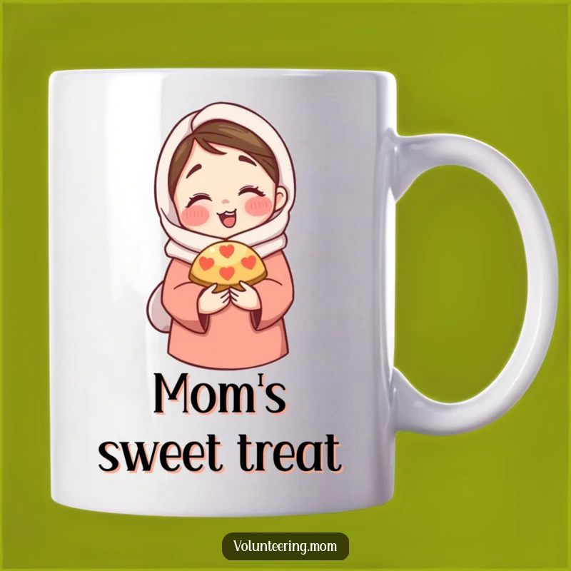 Funny Mom Hug Mug: Mom sharing pastry, a sweet and funny gift for mothers.