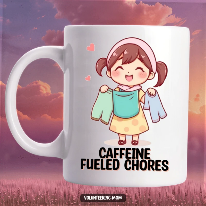 Funny mug with a smiling mom character happily carrying a full laundry basket, embodying joyful domesticity.