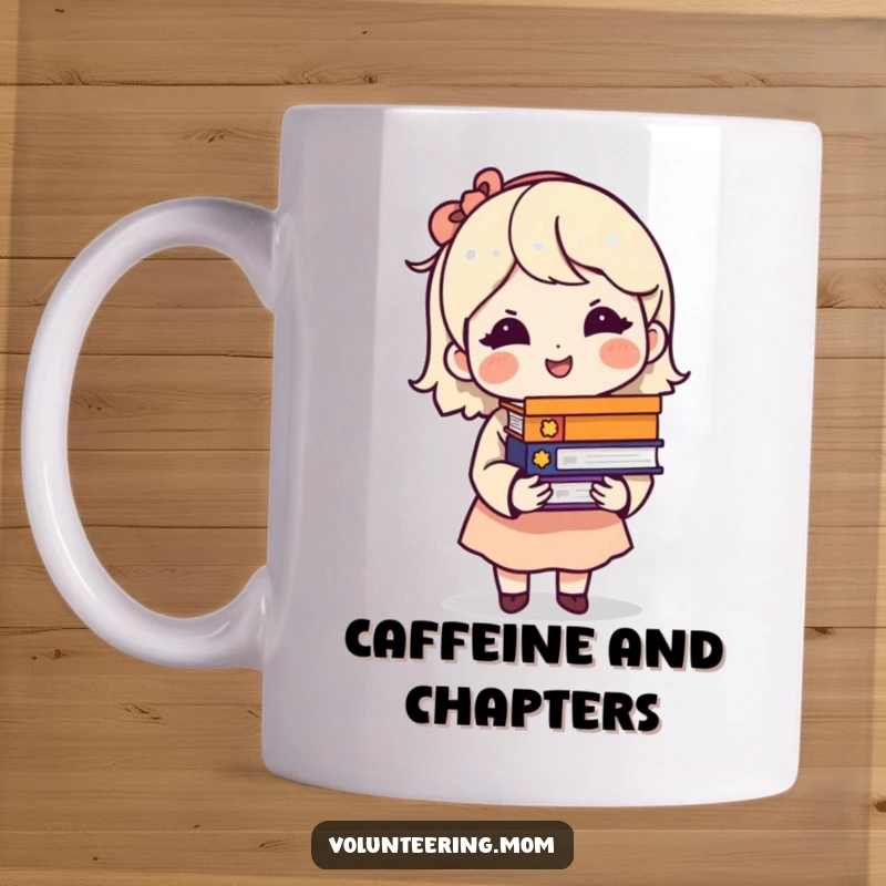Funny mom mug with a wise character smile holding a tall stack of books, embodying a devoted reader.