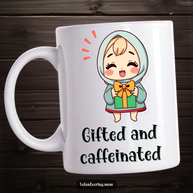 Funny kawaii mom mug showing an adorable character thrilled about receiving a beautifully wrapped gift.