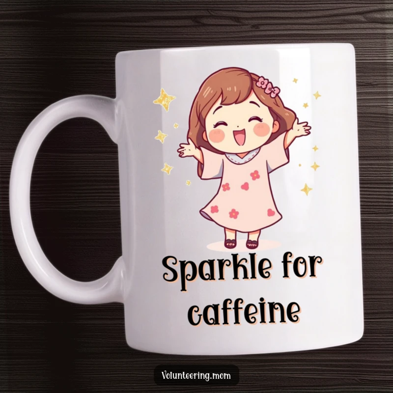 Funny mom mug depicting a joyous mother character dancing with shimmering glittery stars, radiating pure happiness.