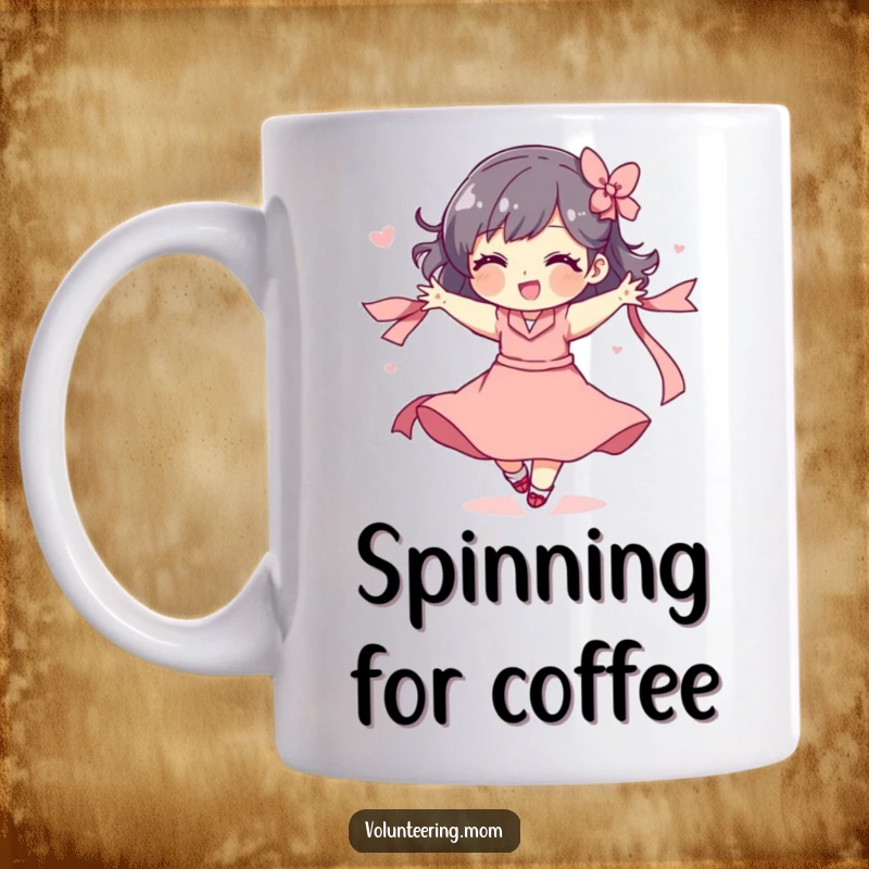 Funny mom mug showing a happy character playfully spinning with a flowing ribbon, full of motion.