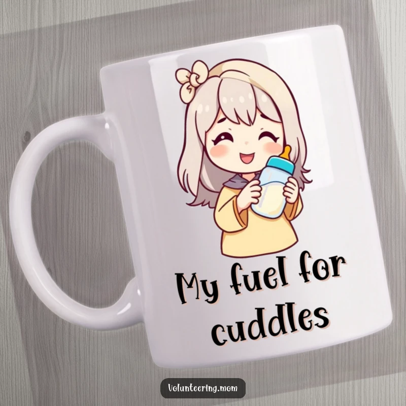Funny mom mug with a smiling character offering a baby bottle, symbolizing nurturing and care, a perfect gift for mothers.