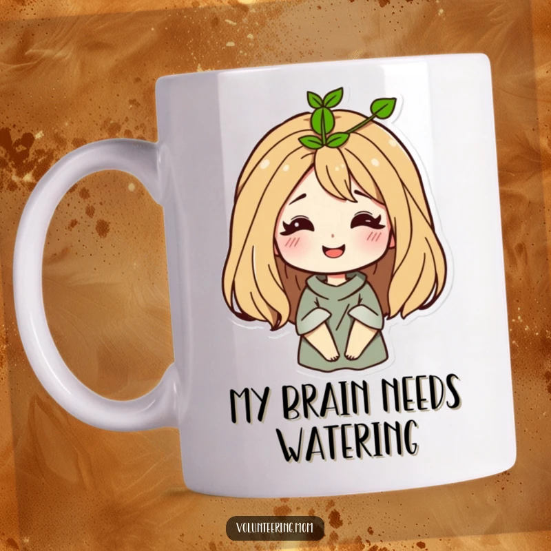 Funny Mom Mug with a sprout growing from her hair, smiling, symbolizing new beginnings and motherhood.