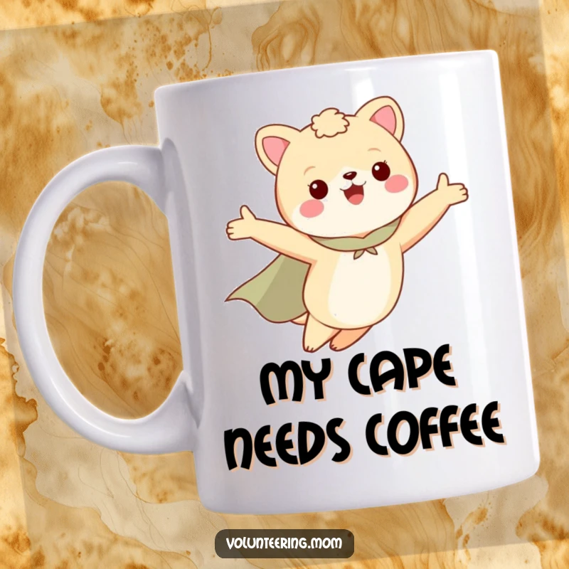 Funny superhero mom animal character mug, wearing a cape and flying with arms outstretched, embodying strength.
