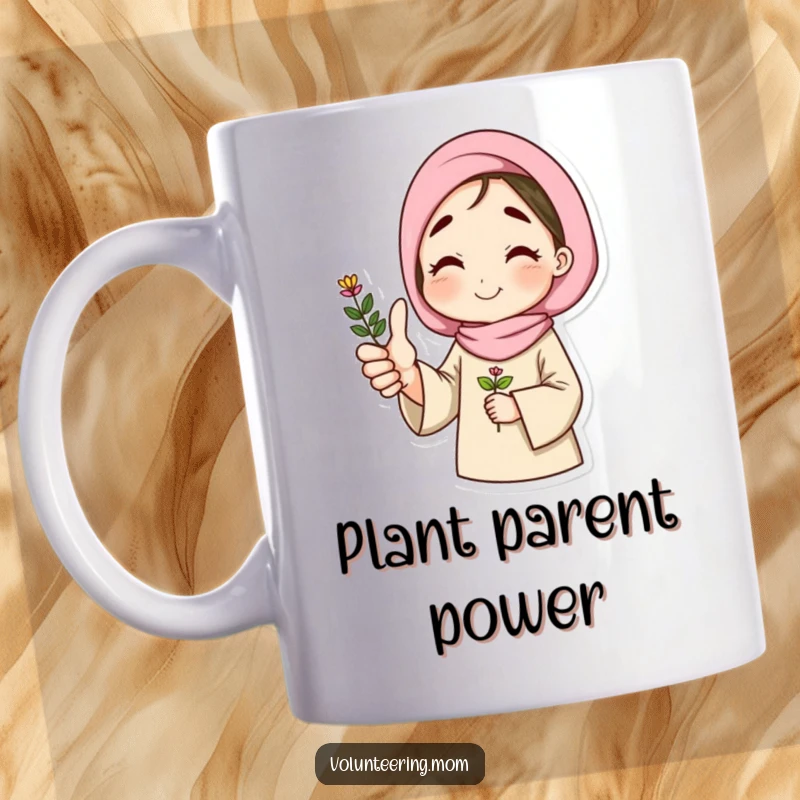 Funny mug with a happy mom character giving a thumbs up, holding a flourishing plant, exuding positivity.