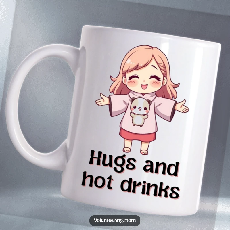 Funny mom character with outstretched arms about to hug a small cute animal, loving embrace mug, heartwarming design, gift.