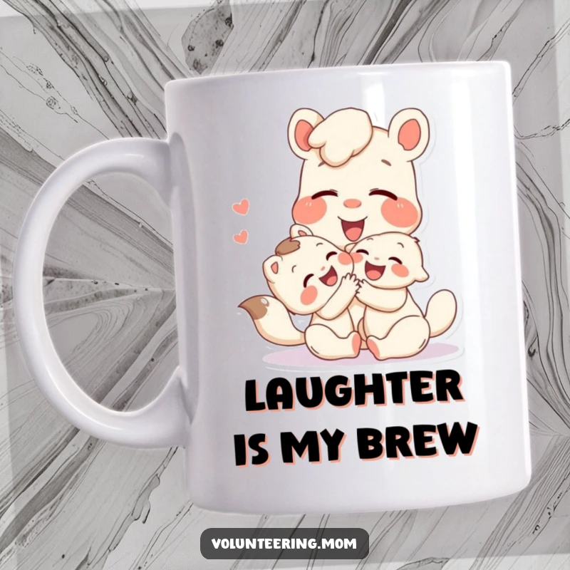 Funny mug depicting a joyful Mom animal character playing with a child, both erupting in laughter, capturing pure happiness.