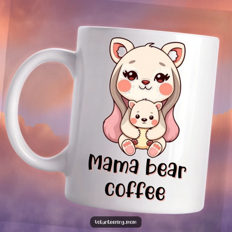 Funny Kawaii animal mom mug showing a sweet-faced mom character holding a cute baby animal, expressing love.