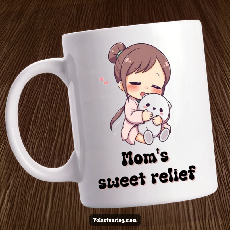 Funny Mom Mug: A happy mom character with closed eyes, sighing contently while hugging a beloved stuffed animal.