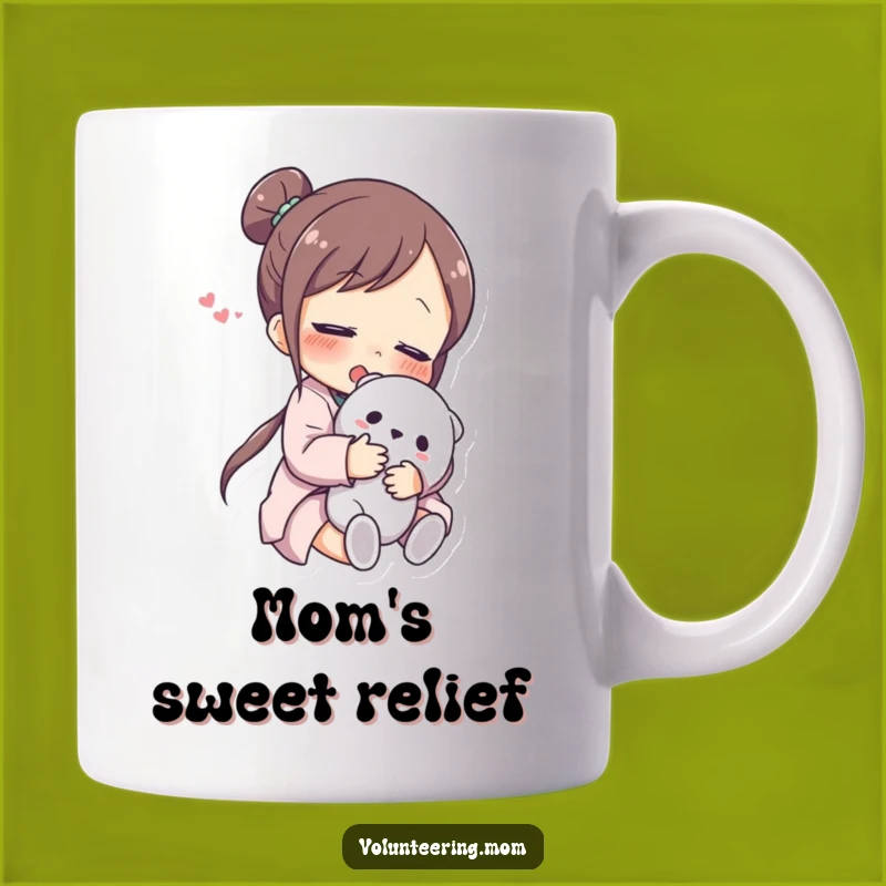 Funny Mom Relief Mug: Joyful mom hugging a toy, a perfect funny gift for stressed parents.