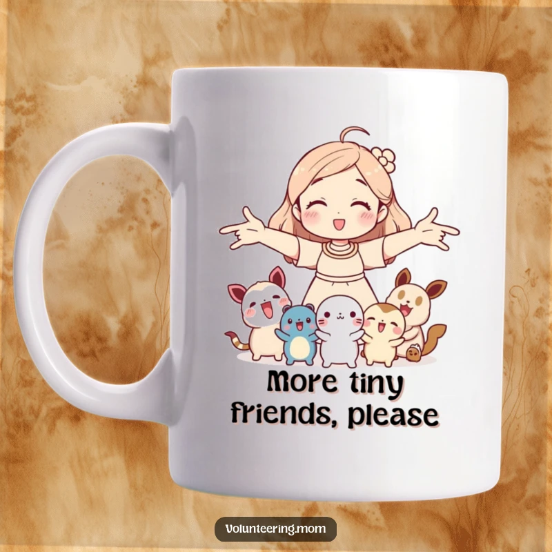 Funny mug: Mom joyfully welcoming small creatures with open arms, radiating warmth and humor, a delightful gift.