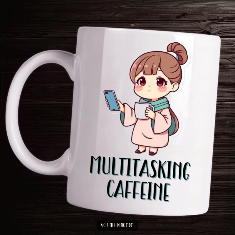 Funny mug of a mom character skillfully balancing a phone and a coffee mug, representing multitasking.