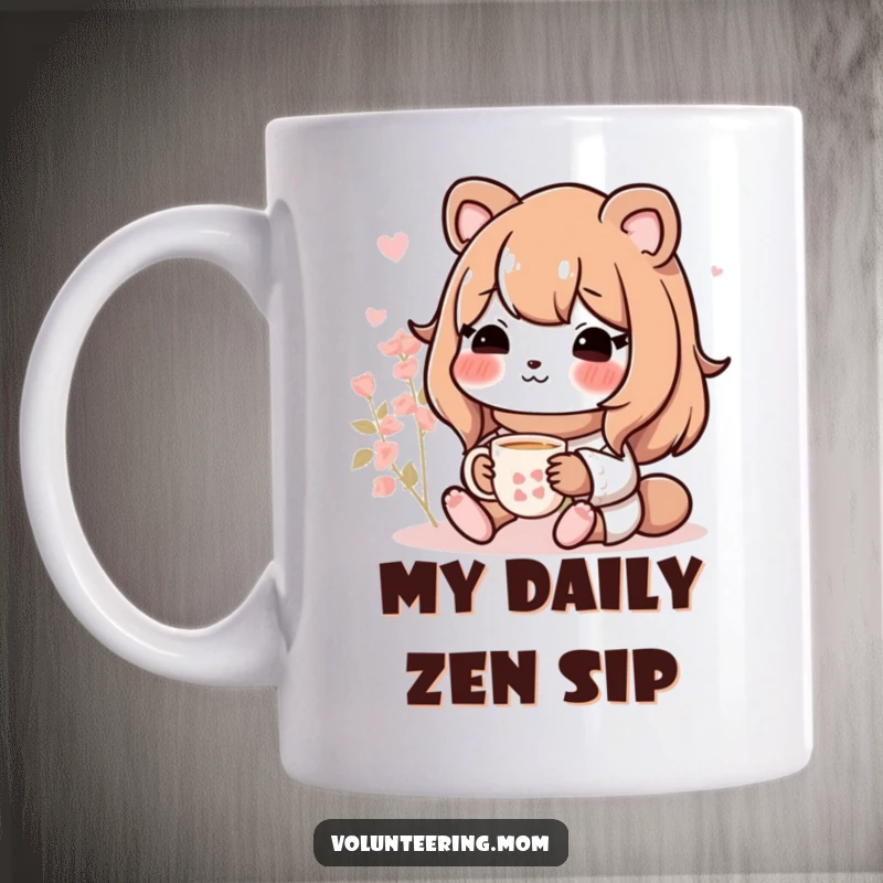 Funny Mom animal character peacefully enjoying a warm cup of tea, radiating calm and relaxation, a perfect gift for tea lovers.