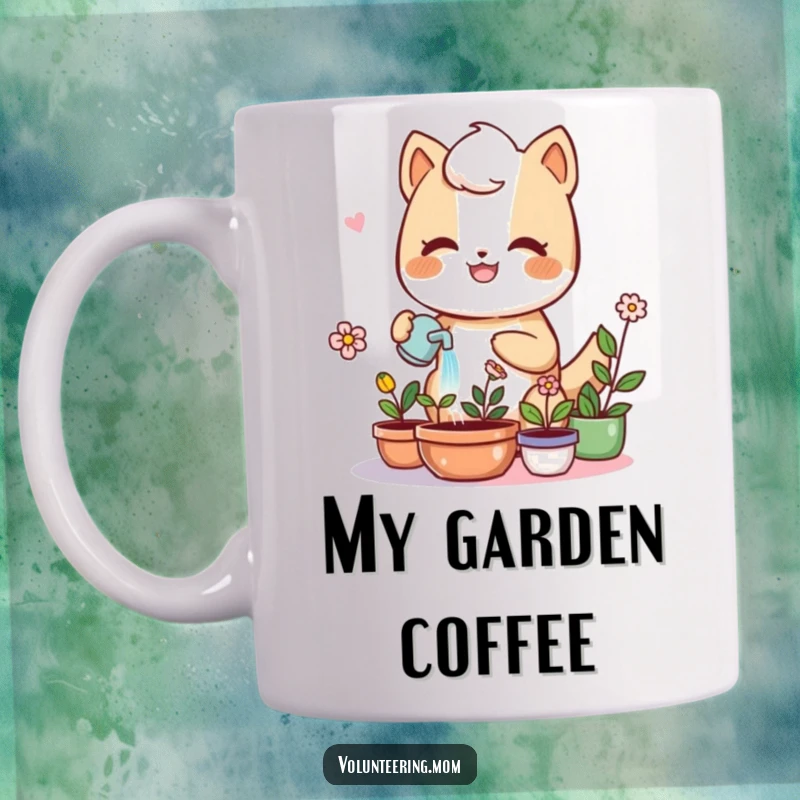 Kawaii mom anthropomorphic animal character joyfully watering green plants, cute gardening mug, adorable design, gift.